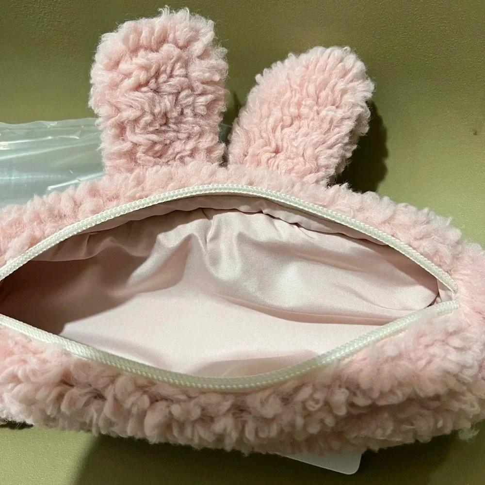 Urlazh bunny rabbit faux fur pink pencil cosmetic makeup case bag clutch